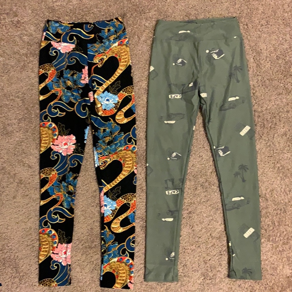 Two pair lularoe tween leggings LLR new with tags NWT dragon & green car print